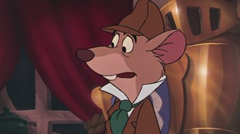 Movie still from “The Great Mouse Detective” (1986), directed by David Michener – A mouse wearing a brown suit and a hat; Close Up shot, High angle