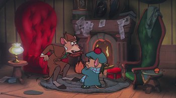 Movie still from “The Great Mouse Detective” (1986), directed by David Michener – An animated scene of a man and a woman in front of a fireplace; Wide shot, High angle
