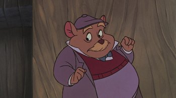 Movie still from “The Great Mouse Detective” (1986), directed by David Michener – A picture of a character from a cartoon; Close Up shot, High angle