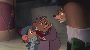 Movie still from “The Great Mouse Detective” (1986), directed by David Michener – A couple of people that are looking at one another; Medium shot, Over the shoulder angle
