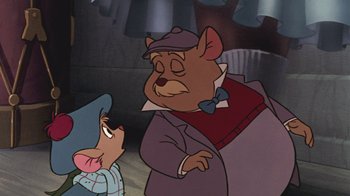 Movie still from “The Great Mouse Detective” (1986), directed by David Michener – A man and a woman are talking to each other; Close Up shot, Over the shoulder angle