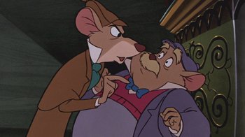 Movie still from “The Great Mouse Detective” (1986), directed by David Michener – A couple of cartoon characters standing next to each other; Medium shot, Over the shoulder angle