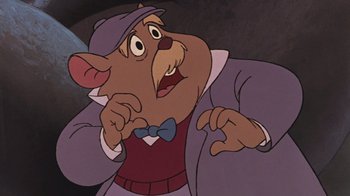 Movie still from “The Great Mouse Detective” (1986), directed by David Michener – A character from the disney movie , lady and the tramp; Close Up shot, Low angle