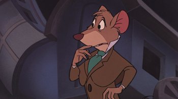 Movie still from “The Great Mouse Detective” (1986), directed by David Michener – A cartoon of a mouse wearing a suit and tie; Close Up shot, Over the shoulder angle