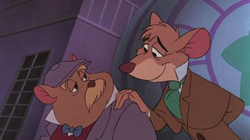 Movie still from “The Great Mouse Detective” (1986), directed by David Michener – A couple of animals that are standing up together; Close Up shot, Over the shoulder angle