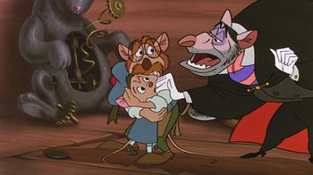 Movie still from “The Great Mouse Detective” (1986), directed by David Michener – A group of cartoon characters in a room; Medium shot, Over the shoulder angle