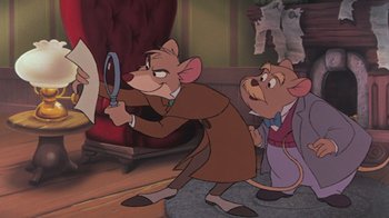 Movie still from “The Great Mouse Detective” (1986), directed by David Michener – A mouse and a rat looking at something in a mirror; Medium shot, Over the shoulder angle
