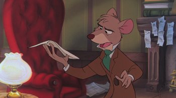 Movie still from “The Great Mouse Detective” (1986), directed by David Michener – A cartoon of a mouse in a suit holding a paper; Close Up shot, High angle