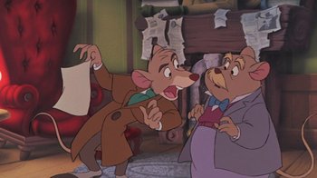 Movie still from “The Great Mouse Detective” (1986), directed by David Michener – A couple of people that are standing up in a room; Medium shot, Over the shoulder angle