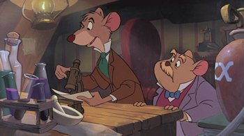 Movie still from “The Great Mouse Detective” (1986), directed by David Michener – A couple of mice sitting next to each other at a table; Medium shot, Over the shoulder angle