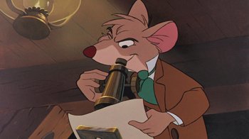 Movie still from “The Great Mouse Detective” (1986), directed by David Michener – A cartoon of a mouse holding a wine glass; Close Up shot, High angle