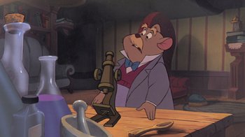 Movie still from “The Great Mouse Detective” (1986), directed by David Michener – A man in a suit looking at an object on a table; Medium shot, High angle