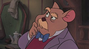 Movie still from “The Great Mouse Detective” (1986), directed by David Michener – A cartoon cat wearing a suit and tie; Close Up shot, High angle