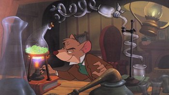 Movie still from “The Great Mouse Detective” (1986), directed by David Michener – A painting of a mouse sitting at a table with smoke coming out of a chimney; Medium shot, High angle