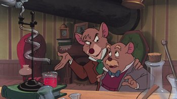Movie still from “The Great Mouse Detective” (1986), directed by David Michener – A couple of people that are in a room together; Medium shot, Over the shoulder angle