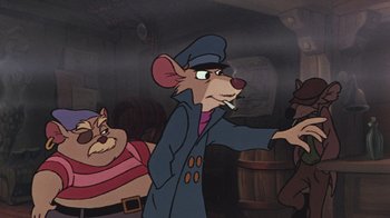 Movie still from “The Great Mouse Detective” (1986), directed by David Michener – A mouse wearing a blue coat and hat; Medium shot, Over the shoulder angle