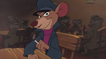 Movie still from “The Great Mouse Detective” (1986), directed by David Michener – A cartoon of a mouse wearing a hat and holding a cigarette in his mouth; Close Up shot, High angle