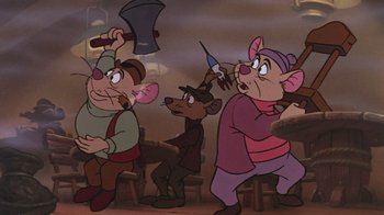 Movie still from “The Great Mouse Detective” (1986), directed by David Michener – A group of people standing next to each other; Medium shot, Low angle