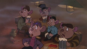 Movie still from “The Great Mouse Detective” (1986), directed by David Michener – A group of mice sitting in a room drinking beer; Medium shot, High angle