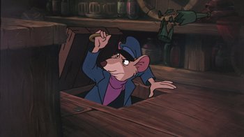 Movie still from “The Great Mouse Detective” (1986), directed by David Michener – A cartoon of a mouse wearing a blue jacket and hat; Medium shot, High angle