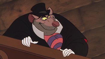 Movie still from “The Great Mouse Detective” (1986), directed by David Michener – A rat wearing a top hat and a tuxedo; Close Up shot, Low angle