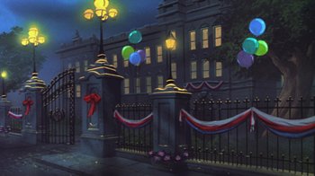 Movie still from “The Great Mouse Detective” (1986), directed by David Michener – Balloons are hanging from a street light near a fence; Extreme Wide shot, Low angle