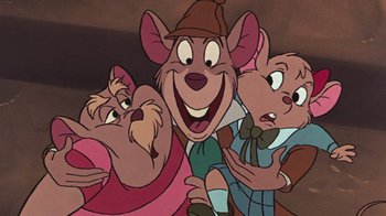 Movie still from “The Great Mouse Detective” (1986), directed by David Michener – A group of three cartoon characters with one of them holding a mouse; Close Up shot, High angle
