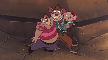 Movie still from “The Great Mouse Detective” (1986), directed by David Michener – A group of three cartoon mice standing next to each other; Medium shot, High angle