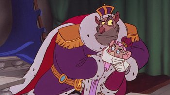 Movie still from “The Great Mouse Detective” (1986), directed by David Michener – A cartoon of a cat and a dog in a costume; Medium shot, Low angle