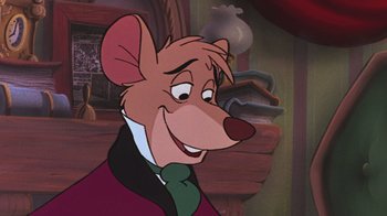 Movie still from “The Great Mouse Detective” (1986), directed by David Michener – A cartoon mouse in front of a fireplace; Close Up shot, High angle