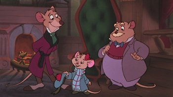 Movie still from “The Great Mouse Detective” (1986), directed by David Michener – A group of cartoon characters standing next to each other in a room; Medium shot, High angle