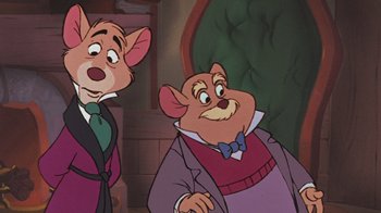 Movie still from “The Great Mouse Detective” (1986), directed by David Michener – A couple of cartoon mice standing next to each other; Medium shot, Over the shoulder angle
