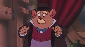 Movie still from “The Great Mouse Detective” (1986), directed by David Michener – A picture of a character from the disney movie the hunchback of notre - dame; Close Up shot, High angle