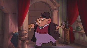 Movie still from “The Great Mouse Detective” (1986), directed by David Michener – A painting of a man in a suit and a hat; Medium shot, Low angle
