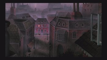 Movie still from “The Great Mouse Detective” (1986), directed by David Michener – An animated city with a red building and a street light; Extreme Wide shot, High angle