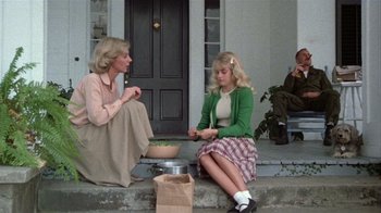 Movie still from “The Great Santini” (1979), directed by Lewis John Carlino – Two women sitting on a porch talking to each other; Wide shot, Over the shoulder angle