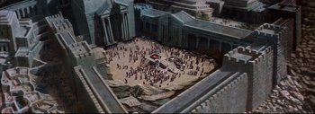 Movie still from “The Greatest Story Ever Told” (1965), directed by David Lean – An aerial view of an ancient roman amphitheater; Extreme Wide shot, High angle