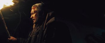 Movie still from “The Grey” (2011), directed by Joe Carnahan – A man with a beard and a jacket on; Close Up shot, Low angle