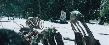 Movie still from “The Grey” (2011), directed by Joe Carnahan – A man sitting on the ground in the snow; Wide shot, High angle