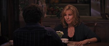 Movie still from “The Guilt Trip” (2012), directed by Anne Fletcher – A woman sitting at a table talking to a man; Medium shot, Over the shoulder angle