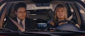 Movie still from “The Guilt Trip” (2012), directed by Anne Fletcher – A man and a woman sitting in the back seat of a car; Medium shot, Over the shoulder angle
