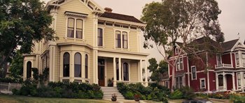 Movie still from “The Guilt Trip” (2012), directed by Anne Fletcher – An old fashioned house with a large front porch; Wide shot, Low angle