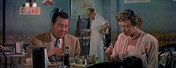 Movie still from “The High and the Mighty” (1954), directed by William A. Wellman – A man and a woman sitting at a dinner table; Medium shot, Over the shoulder angle