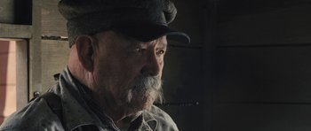 Movie still from “The Homesman” (2014), directed by Tommy Lee Jones – An older man with a beard and a hat; Close Up shot, Low angle
