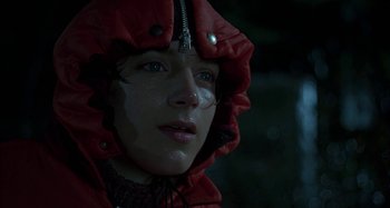 Movie still from “The Ice Storm” (1997), directed by Ang Lee – A woman in a red jacket with a hood on; Close Up shot, Low angle