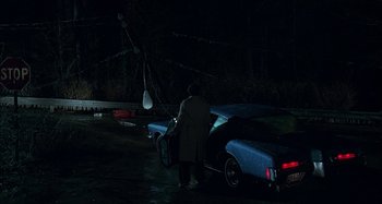 Movie still from “The Ice Storm” (1997), directed by Ang Lee – A man standing next to a blue car at night; Wide shot, High angle