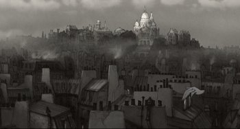 Movie still from “The Illusionist” (2010), directed by Sylvain Chomet – An artistic drawing of a city skyline with buildings and trees; Extreme Wide shot, High angle