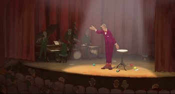 Movie still from “The Illusionist” (2010), directed by Sylvain Chomet – An animated scene of a man on a stage with musical instruments; Wide shot, Low angle