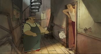 Movie still from “The Illusionist” (2010), directed by Sylvain Chomet – A cartoon of two men in a room; Wide shot, Low angle