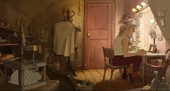 Movie still from “The Illusionist” (2010), directed by Sylvain Chomet – An artistic drawing of a man sitting at a table in front of an ironing board; Wide shot, High angle